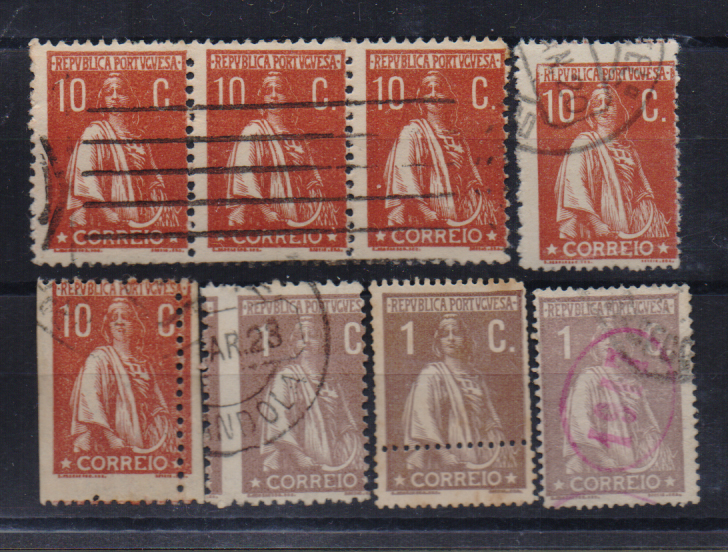 2629.jpg -     Lote:    2629      Lotes pelo Correio              Descrição:         1912 &mdash; Ceres. CE215, 10c: tira de 3 selos em papel cartolina, denteado 12x11 &frac12;, e dois selos isolados, um com denteado vertical deslocado e outro selo em papel cartolina, denteado 15x14; 1917/20 &mdash; Ceres. CE221, 1c castanho (3): um selo com carimbo oval vermelho "1917", outro com denteado deslocado e o terceiro com denteado horizontal duplo. Todos usados exceto o último.        O       Valor Base:     &euro; 6,00     Valor Venda:     &euro;      