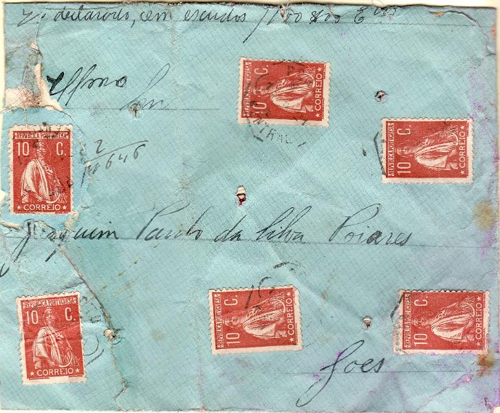 2630.jpg -     Lote:    2630      Lotes pelo Correio              Descrição:         1912 &mdash; Ceres. Valor declarado circulado de Lisboa (13.05.21) para Góis (14.05.21) com seis selos de 10c CE215, denteado 12x11 &frac12;, papel liso. Sobrescrito com defeitos.        Carta       Valor Base:     &euro; 15,00     Valor Venda:     &euro;      
