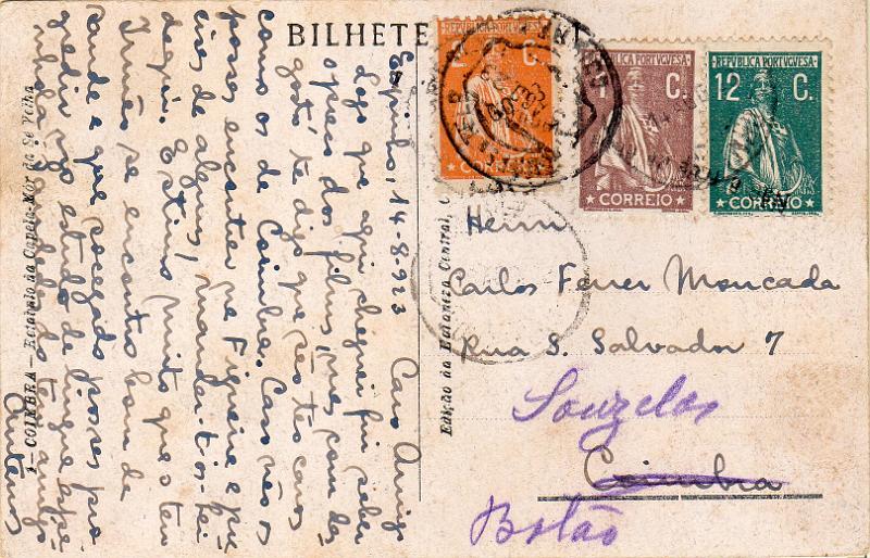 2632.jpg -     Lote:    2632      Lotes pelo Correio              Descrição:         1917/22 &mdash; Ceres. Postal ilustrado circulado de Espinho (14.08.23) para Coimbra e reexpedido para Souzelas com selos de 1C castanho, 2C laranja e 12C verde, todos em denteado 12 &frac12;, CE221, 223 e 238.        PI       Valor Base:     &euro; 5,00     Valor Venda:     &euro;      