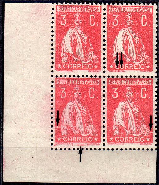 2637.jpg -     Lote:    2637      Lotes pelo Correio              Descrição:         1917/20 &mdash; Ceres. Novas taxas e cores. CE224, 3C carmim, denteado 12x11 &frac12;, papel liso. Quadra canto de folha com variedade de cliché não catalogada + variedade MM VI.        ***       Valor Base:     &euro; 6,00     Valor Venda:     &euro;      