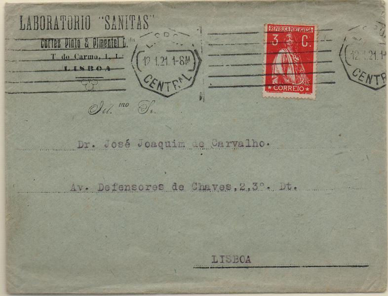 2638.jpg -     Lote:    2638      Lotes pelo Correio              Descrição:         1917/20 &mdash; Ceres. Sobrescrito circulado em Lisboa (12.01.21) com selo de 3c carmim, CE224.        Carta       Valor Base:     &euro; 6,00     Valor Venda:     &euro;      