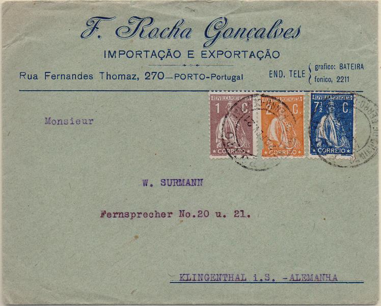 2649.jpg -     Lote:    2649      Lotes pelo Correio              Descrição:         1917/20 &mdash; Ceres. Sobrescrito circulado do Porto (23.02.21) para a Alemanha, com selos de 1c, 2c e 7 &frac12; c CE221, 223 e 229, obliterados com carimbo a preto "PORTO / CAMINHO DE FERRO CENTRAL".        Carta       Valor Base:     &euro; 18,00     Valor Venda:     &euro;      