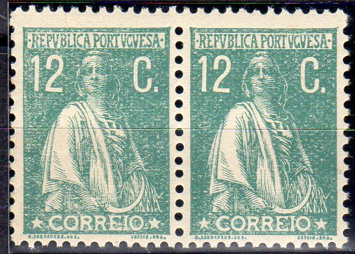 2651.jpg -     Lote:    2651      Lotes pelo Correio              Descrição:         1920/22 &mdash; Ceres. Novas taxas e cores. CE238, 12C verde azul. Par horizontal com impressão sarapintada.        ***       Valor Base:     &euro; 5,00     Valor Venda:     &euro;      