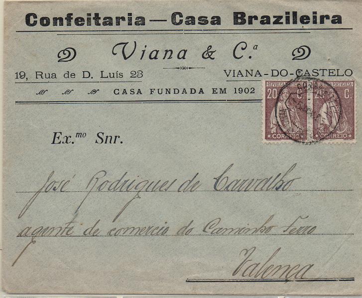 2652.jpg -     Lote:    2652      Lotes pelo Correio              Descrição:         1920/22 &mdash; Ceres. Sobrescrito circulado de Viana do Castelo (05.01.25) para Valença (05.01.05 &mdash; erro de datador), com par de selos de 20c castanho CE240.        Carta       Valor Base:     &euro; 8,00     Valor Venda:     &euro;      
