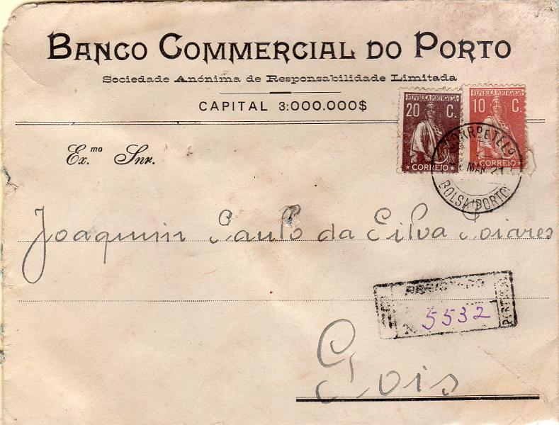 2654.jpg -     Lote:    2654      Lotes pelo Correio              Descrição:         1912/22 &mdash; Ceres. Sobrescrito circulado registado do Porto/Bolsa (01.03.21) para Góis (02.03.21) com selos de 10c CE215 e 20c CE240.        Carta       Valor Base:     &euro; 12,00     Valor Venda:     &euro;      