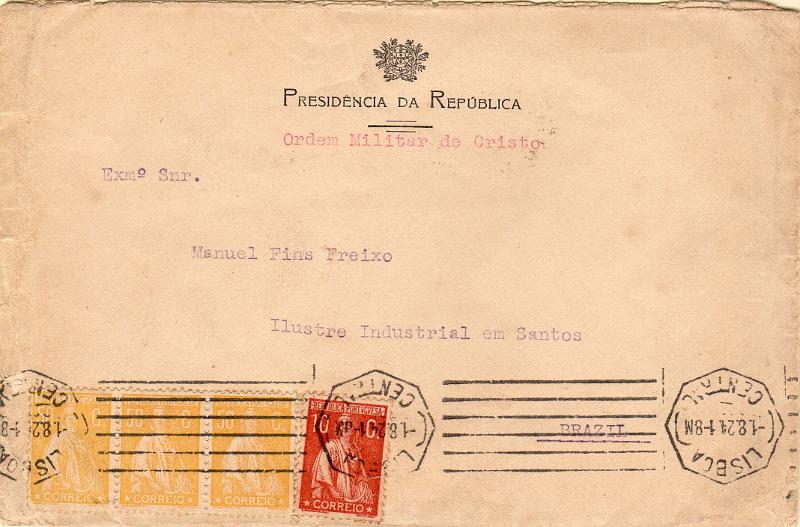 2664.jpg -     Lote:    2664      Lotes pelo Correio              Descrição:         1912/1926 &mdash; Ceres. Sobrescrito circulado de Lisboa (01.08.24) para o Brasil, com selo de 10c CE215 + tira de 3 selos de 50c CE244.        Carta       Valor Base:     &euro; 15,00     Valor Venda:     &euro;      