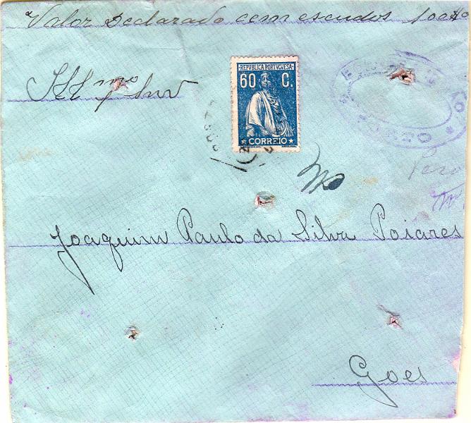 2667.jpg -     Lote:    2667      Lotes pelo Correio              Descrição:         1920/22 &mdash; Ceres. Valor declarado circulado do Porto para Góis, com selo de 60c azul, CE245. Sobrescrito com defeitos.        Carta       Valor Base:     &euro; 20,00     Valor Venda:     &euro;      
