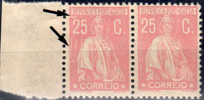 2673.jpg -     Lote:    2673      Lotes pelo Correio              Descrição:         1923 &mdash; Ceres. Novas taxas e cores. CE255, 25C rosa, papel liso, denteado 12x11 &frac12;. Par horizontal com selo com variedade de cliché MM VII (x30).        ***       Valor Base:     &euro; 8,00     Valor Venda:     &euro;      