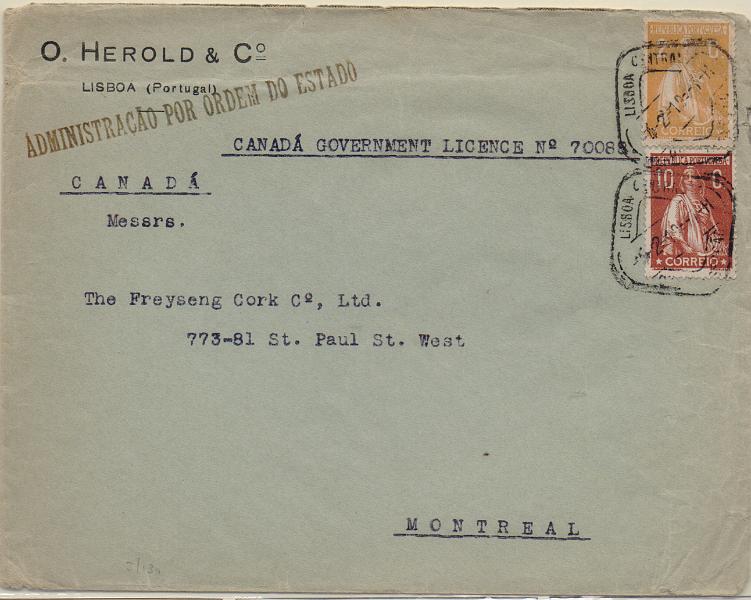 2674.jpg -     Lote:    2674      Lotes pelo Correio              Descrição:         1912/17 &mdash; Ceres. Sobrescrito circulado de Lisboa (04.02.19) para Montreal com selo de 10c CE215 e 2c CE223.        Carta       Valor Base:     &euro; 8,00     Valor Venda:     &euro;      