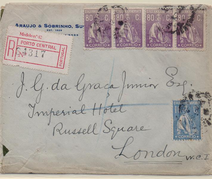 2675.jpg -     Lote:    2675      Lotes pelo Correio              Descrição:         1924/26 &mdash; Ceres. Sobrescrito circulado registado do Porto para Londres (31.12.25), com dois pares de selos de 80c CE286 e selo de 16c CE279.        Carta       Valor Base:     &euro; 18,00     Valor Venda:     &euro;      
