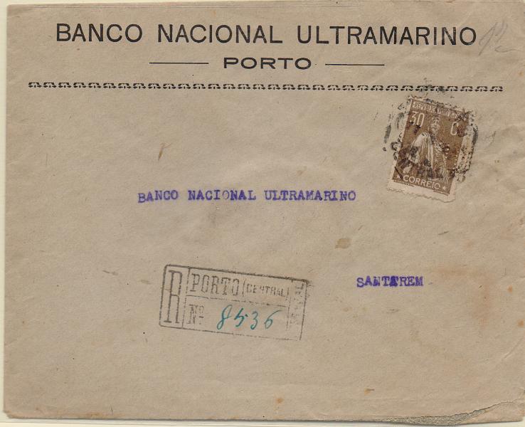 2676.jpg -     Lote:    2676      Lotes pelo Correio              Descrição:         1920/22 &mdash; Ceres. CE281, 30c castanho em carta circulada do Porto para Santarém (01.03.22), perfurado BNU.        Carta       Valor Base:     &euro; 10,00     Valor Venda:     &euro;      