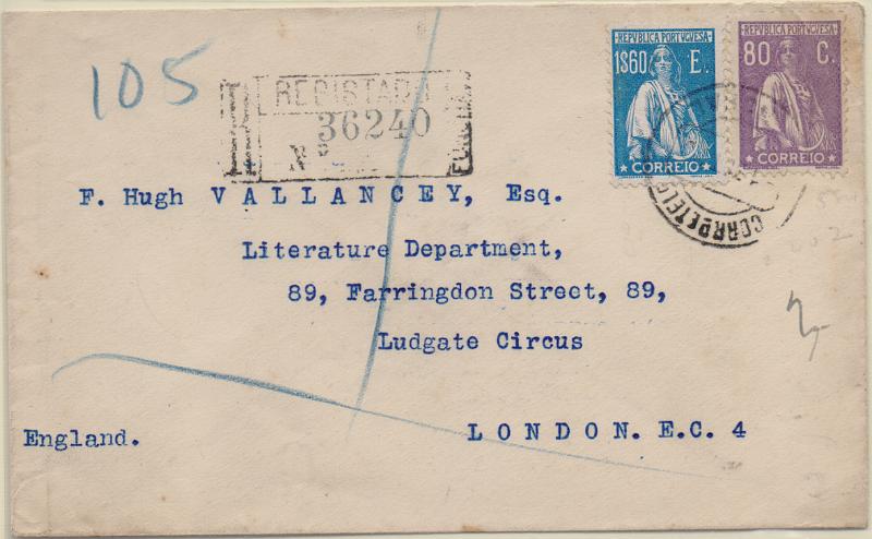 2683.jpg -     Lote:    2683      Lotes pelo Correio              Descrição:         1924/26 &mdash; Ceres. Sobrescrito circulado registado do Funchal para Londres (05.09.25) com selos de 80c CE286 e 1$60 CE291.        Carta       Valor Base:     &euro; 12,00     Valor Venda:     &euro;      