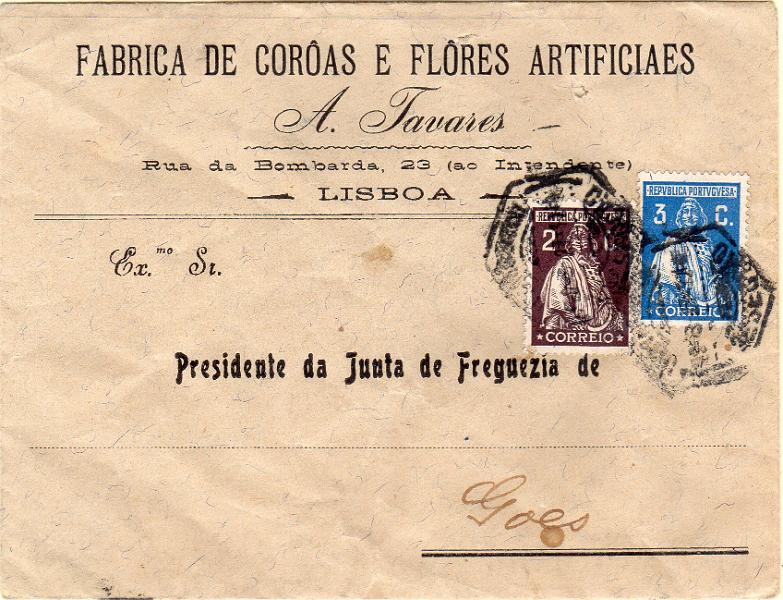 2692.jpg -     Lote:    2692      Lotes pelo Correio              Descrição:         1926 &mdash; Ceres. Emissão Londres. Sobrescrito circulado de Lisboa (19.08.27) para Góis (20.08.27) com selos de 2 e 3c CE396/397 (porte de impresso).        Carta       Valor Base:     &euro; 8,00     Valor Venda:     &euro;      