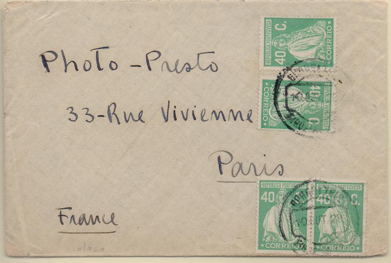 2697.jpg -     Lote:    2697      Lotes pelo Correio              Descrição:         1926 &mdash; Ceres. Emissão Londres. Sobrescrito circulado para Paris com 4 selos de 40c CE406.        Carta       Valor Base:     &euro; 20,00     Valor Venda:     &euro;      