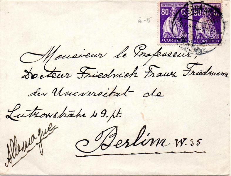 2698.jpg -     Lote:    2698      Lotes pelo Correio              Descrição:         1926 &mdash; Ceres. Emissão Londres. Sobrescrito circulado de Lisboa (27.04.30) para Berlim,com dois selos de 80c CE410. MB.        Carta       Valor Base:     &euro; 5,00     Valor Venda:     &euro;      