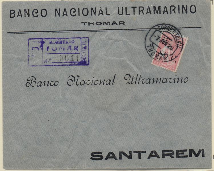 2712.jpg -     Lote:    2712      Lotes pelo Correio              Descrição:         1928/29 &mdash; Ceres, com sobretaxa. CE477, 80c s/ 6c rosa, em sobrescrito circulado registado de Tomar (07.06.29) para Santarém.        Carta       Valor Base:     &euro; 12,00     Valor Venda:     &euro;      