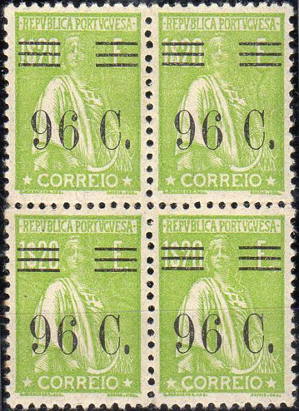 2713.jpg -     Lote:    2713      Lotes pelo Correio              Descrição:         1928/29 &mdash; Ceres com sobretaxa. CE480, 96C s/ 1$20 verde amarelo, denteado 12x11 &frac12;. Quadra. Um dos selos com ponto de óxido no denteado. Valor de catálogo &euro; 41,20.        ***       Valor Base:     &euro; 8,00     Valor Venda:     &euro;      