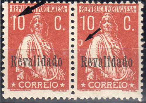 2714.jpg -     Lote:    2714      Lotes pelo Correio              Descrição:         1929 &mdash; Ceres com sobretaxa "Revalidado". CE488, 10 reis laranja vermelho, papel liso, denteado 12x11 &frac12;. Par horizontal com variedade de cliché MM VII (x25) e outra não catalogada.        ***       Valor Base:     &euro; 6,00     Valor Venda:     &euro;      