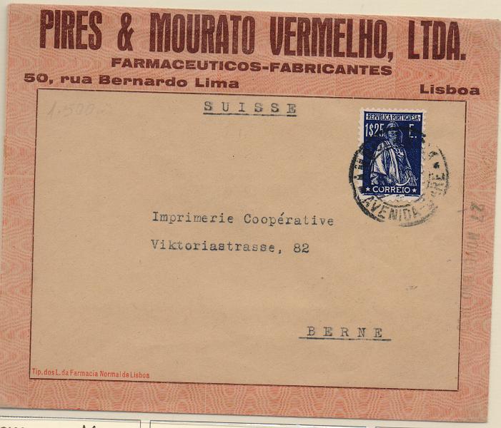 2718.jpg -     Lote:    2718      Lotes pelo Correio              Descrição:         1926 &mdash; Ceres. Gravura retocada. CE510, 1$25 azul escuro, em carta circulada de Lisboa para Berne.        Carta       Valor Base:     &euro; 16,00     Valor Venda:     &euro;      