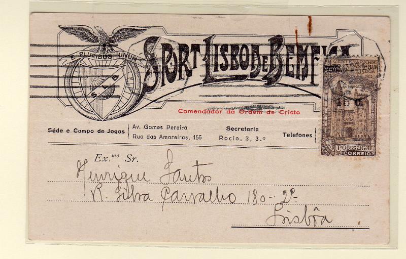 2729.jpg -     Lote:    2729      Lotes pelo Correio              Descrição:         1933 &mdash; 7.º Centenário da Morte de S. António, com sobretaxa. CE554, 15c s/ $40. Postal ilustrado do SPORT LISBOA E BENFICA circulado em Lisboa (22.12.33).        PI       Valor Base:     &euro; 12,00     Valor Venda:     &euro;      