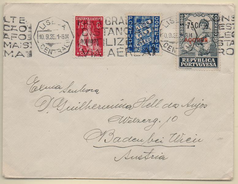 2733.jpg -     Lote:    2733      Lotes pelo Correio              Descrição:         1925/1935 &mdash; Ceres e Centenário de Camilo Castelo Branco, com sobrecarga AÇORES (selos de recurso no Continente) + Tudo pela Nação. Sobrescrito circulado de Lisboa (10.09.35) para a Áustria com selos CE197, 232 e 570.        Carta       Valor Base:     &euro; 8,00     Valor Venda:     &euro;      