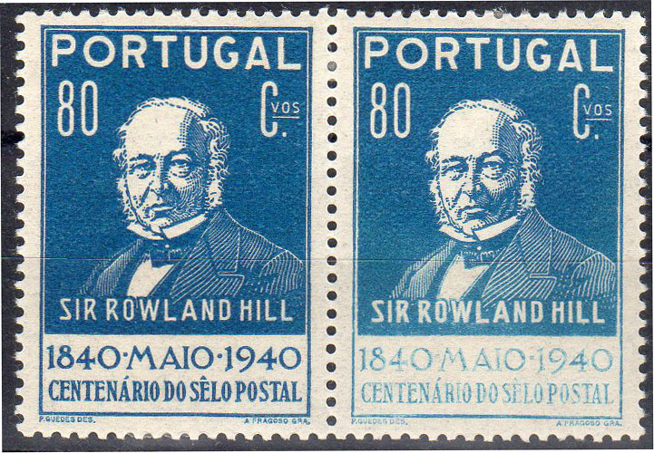 2744.jpg -     Lote:    2744      Lotes pelo Correio              Descrição:         1940 &mdash; 1.º Centenário do Selo Postal. CE604, 80C azul. Par com um dos selos com impressão defeituosa.        **       Valor Base:     &euro; 10,00     Valor Venda:     &euro;      