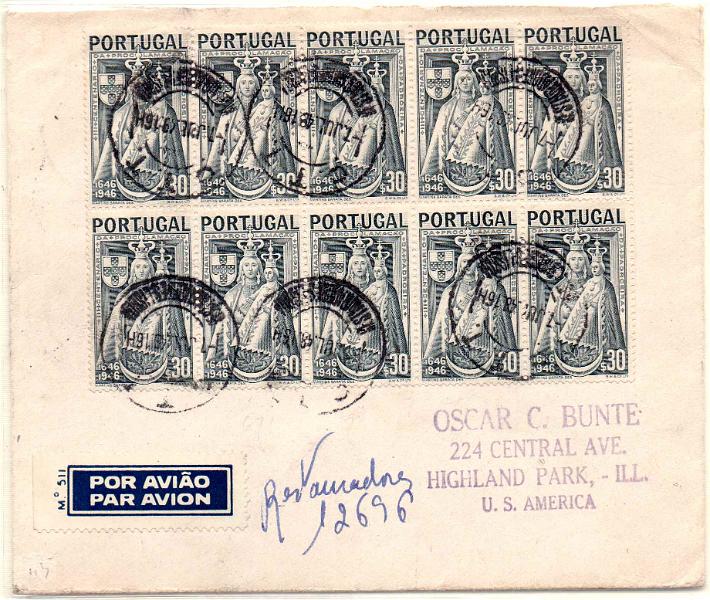 2755.jpg -     Lote:    2755      Lotes pelo Correio              Descrição:         1946/49 - Centenário da Padroeira + Centenário de S. João de Brito. Sobrescrito circulado registado e por via aérea de Lisboa (07.07.49) para os EUA (10.07.49) com bloco de 10 selos de $30 CE673 na frente e selos de 1$00 e 3x1$75 CE693/694. MB.        Carta       Valor Base:     &euro; 10,00     Valor Venda:     &euro;      