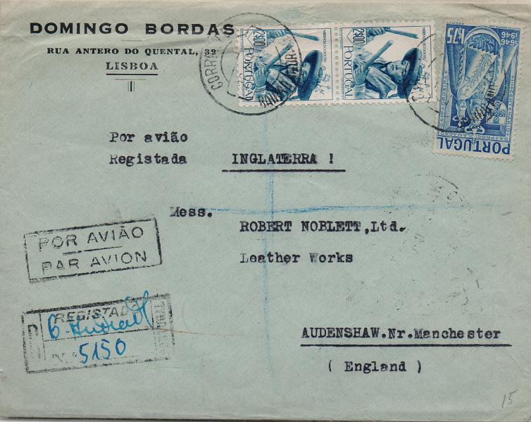 2756.jpg -     Lote:    2756      Lotes pelo Correio              Descrição:         1946 &mdash; 3.º Centenário da Padroeira de Portugal. Lote com seis sobrescritos circulados com selos de 1$75 CE676 para a Suécia, França, USA (2) e Inglaterra (2). Lote a ver.        Lote       Valor Base:     &euro; 12,00     Valor Venda:     &euro;      