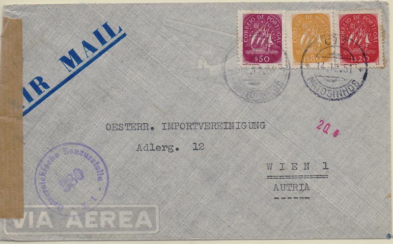 2765.jpg -     Lote:    2765      Lotes pelo Correio              Descrição:         1943/49 &mdash; Caravela. Sobrescrito circulado de Matosinhos (14.12.51) para Viena, com selos de $50 CE623, 1$20 CE698 e 1$80 CE700. Censurado. MB.        Carta       Valor Base:     &euro; 12,00     Valor Venda:     &euro;      