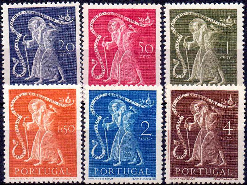 2774.jpg -     Lote:    2774      Lotes pelo Correio              Descrição:         1950 &mdash; 4.º Centenário da Morte de S. João de Deus. CE723/728. Série completa. Selos regomados.        RG***       Valor Base:     &euro; 12,00     Valor Venda:     &euro;      