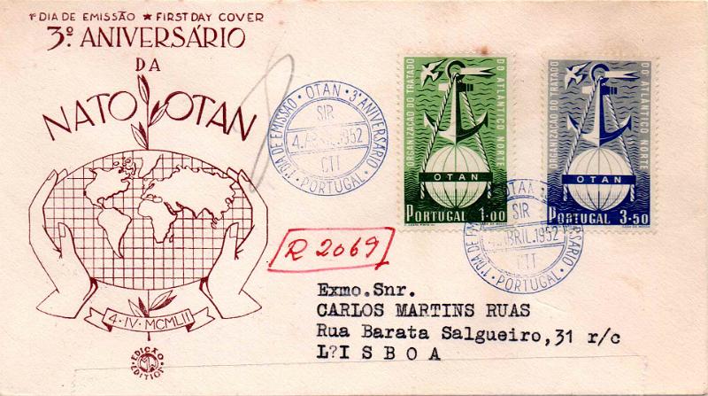 2778.jpg -     Lote:    2778      Lotes pelo Correio              Descrição:         1953 &mdash; 3.º Aniversário da OTAN. CE749/750. FDC registado com série completa. Carimbo do SIR. Valor de catálogo &euro; 86,50.        FDC       Valor Base:     &euro; 20,00     Valor Venda:     &euro;      