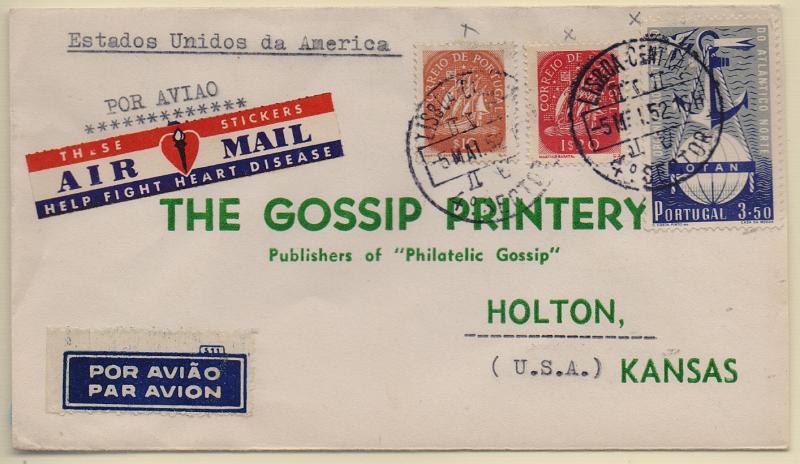 2779.jpg -     Lote:    2779      Lotes pelo Correio              Descrição:         1943/52 &mdash; Caravela + 3.º Aniversário da OTAN. Sobrescrito circulado de Lisboa (05.05.52) para o Kansas, com selos de $10 e 1$20 CE618 e 698 + 3$50 CE750.        Carta       Valor Base:     &euro; 15,00     Valor Venda:     &euro;      