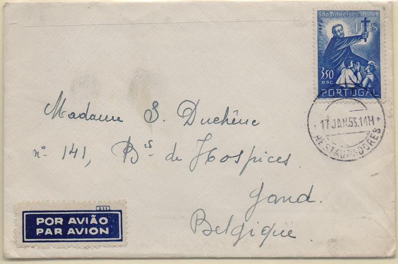 2783.jpg -     Lote:    2783      Lotes pelo Correio              Descrição:         1952 &mdash; 4.º Centenário da Morte de S. Francisco Xavier. CE761, 3$50 azul, em sobrescrito circulado de Lisboa (17.03.53) para Gand.        Carta       Valor Base:     &euro; 10,00     Valor Venda:     &euro;      