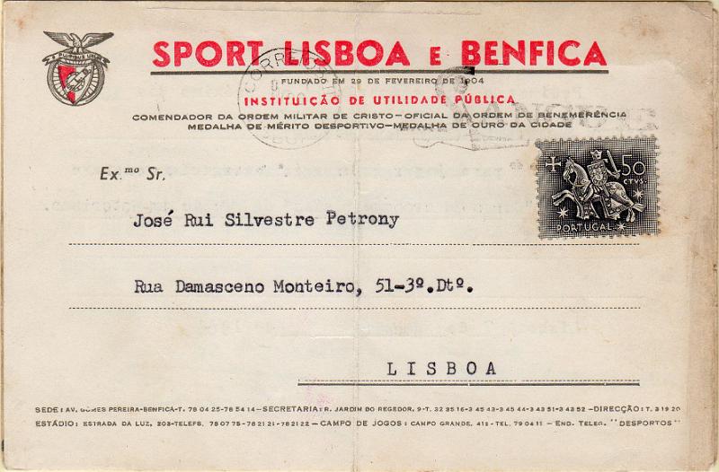 2786.jpg -     Lote:    2786      Lotes pelo Correio              Descrição:         1953 &mdash; Cavaleiro Medieval. Lote com dois postais ilustrados publicitários do "SPORT LISBOA E BENFICA", circulados com selos de $50 CE766.        PI       Valor Base:     &euro; 10,00     Valor Venda:     &euro;      