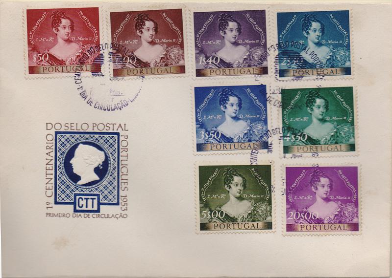 2791.jpg -     Lote:    2791      Lotes pelo Correio              Descrição:         1953 &mdash; Centenário do Selo Postal Português. CE 786/793. Sobrescrito com a série obliterado com carimbo de 1.º dia de circulação de Lisboa (03.10.53). Valor de catálogo &euro; 167,00.        FDC       Valor Base:     &euro; 25,00     Valor Venda:     &euro;      