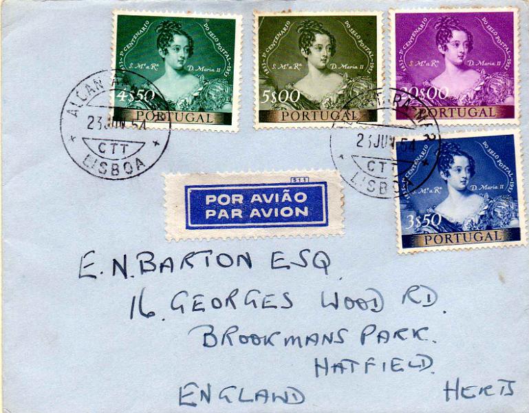 2795.jpg -     Lote:    2795      Lotes pelo Correio              Descrição:         1953 &mdash; Centenário do Selo Postal Português. CE786/793. Sobrescrito circulado de Lisboa (23.06.54) para a Inglaterra com a série completa. MB.        Carta       Valor Base:     &euro; 20,00     Valor Venda:     &euro;      