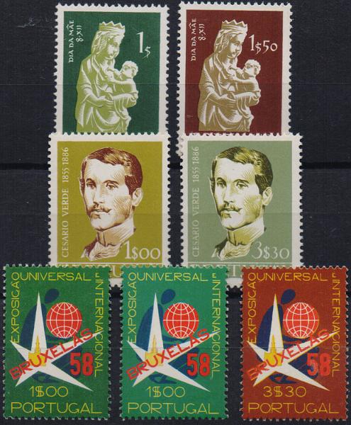 2805.jpg -     Lote:    2805      Lotes pelo Correio              Descrição:         1956/58 &mdash; Dia da Mãe + Cesário Verde + Portugal na Exposição de Bruxelas. CE825/26 + 831/32 + 833/34. Séries completas. Valor de catálogo &euro; 17,00.        ***       Valor Base:     &euro; 2,00     Valor Venda:     &euro;      