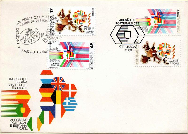 2861.jpg -     Lote:    2861      Lotes pelo Correio              Descrição:         1986 &mdash; Adesão de Portugal e Espanha à CEE. Emissão conjunta. CE1745/46. FDC com as duas séries (portuguesa e espanhola).        FDC       Valor Base:     &euro; 5,00     Valor Venda:     &euro;      