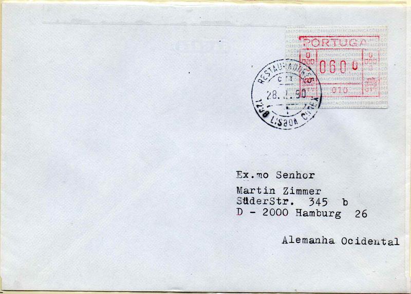 2875.jpg -     Lote:    2875      Lotes pelo Correio              Descrição:         1981 &mdash; Correios e Telecomunicações de Portugal * FRAMA. CE ETQ1. Sobrescrito circulado de Lisboa (28.02.90) para a Alemanha, com etiqueta de 60$00 (máquina 010).        Carta       Valor Base:     &euro; 12,00     Valor Venda:     &euro;      