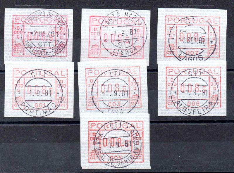 2876.jpg -     Lote:    2876      Lotes pelo Correio              Descrição:         1981 &mdash; Correios e Telecomunicações de Portugal. CE ETQ1. Lote de 7 etiquetas de 8$50 das máquinas 1 a 7, obliteradas com marca de dia da respetiva estação postal do primeiro dia de circulação.        ETQ       Valor Base:     &euro; 15,00     Valor Venda:     &euro;      