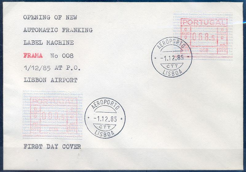 2880.jpg -     Lote:    2880      Lotes pelo Correio              Descrição:         1985 &mdash; Correios e Telecomunicações de Portugal. Máquina FRAMA 008 / Aeroporto de Lisboa. ETQ1. Com etiqueta de 68.5 e carimbo do 1º dia de utilização da máquina (1 de Dezembro de 1985). Papel 17 linhas.        FDC       Valor Base:     &euro; 8,00     Valor Venda:     &euro;      
