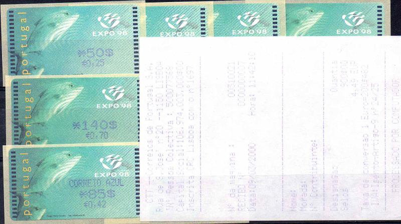 2890.jpg -     Lote:    2890      Lotes pelo Correio              Descrição:         1998 &mdash; Expo 98. Máquina AMIEL. CE ETQ 16B. Correio normal + correio azul, com dupla afixação da taxa, com recibo.        ETQ       Valor Base:     &euro; 12,00     Valor Venda:     &euro;      