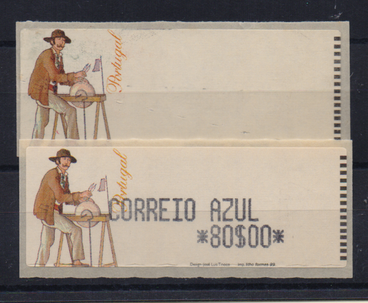 2892.jpg -     Lote:    2892      Lotes pelo Correio              Descrição:         1999 &mdash; Etiquetas. "O Amolador", CE ETQ18. Lote composto por etiqueta do "Correio Azul" de 80$00, e outra sem taxa.         ETQ       Valor Base:     &euro; 5,00     Valor Venda:     &euro;      