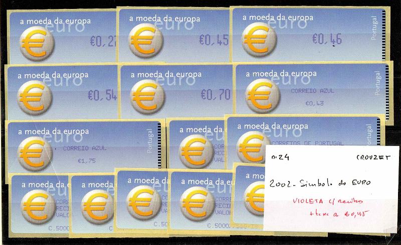 2894.jpg -     Lote:    2894      Lotes pelo Correio              Descrição:         2002 &mdash; Símbolo do Euro. Máquina CROUZET. CE ETQ24. Série completa do correio ordinário e do correio azul, com impressão a violeta. Ano de 2002 + etiqueta com &euro; 0,45. Acompanha 7 etiquetas recibo.        ETQ       Valor Base:     &euro; 20,00     Valor Venda:     &euro;      