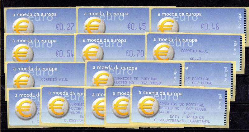 2895.jpg -     Lote:    2895      Lotes pelo Correio              Descrição:         2002 &mdash; Símbolo do Euro. Máquina CROUZET. CE ETQ24. Série completa do correio ordinário e do correio azul, com impressão a violeta. Taxas de &euro;0,27, 0,45, 0.46, 0,54, 0,70 e C. Azul &euro; 0,45 e 1,75. Acompanha 7 etiquetas recibo.        ETQ       Valor Base:     &euro; 20,00     Valor Venda:     &euro;      