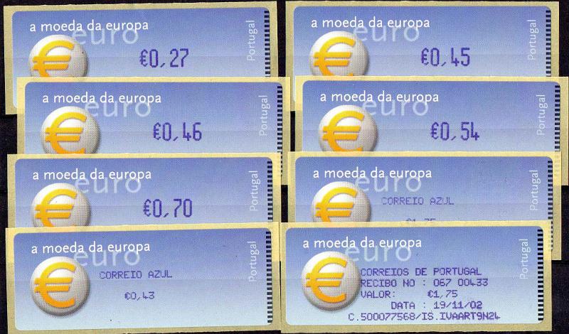 2896.jpg -     Lote:    2896      Lotes pelo Correio              Descrição:         2002 &mdash; Símbolo do Euro. Máquina CROUZET. CE ETQ24. Série completa do correio ordinário e do correio azul, com impressão a violeta. Ano de 2002 + etiqueta com &euro; 0,45. Acompanha 1 etiqueta recibo.        ETQ       Valor Base:     &euro; 15,00     Valor Venda:     &euro;      