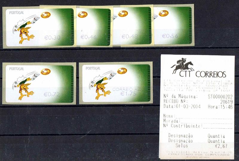 2898.jpg -     Lote:    2898      Lotes pelo Correio              Descrição:         2004 &mdash; UEFA "Euro 2004". CE ETQ27C. Série completa para o ano de 2004, com impressão a violeta, com recibos. Valor de catálogo &euro; 23,00.        ETQ       Valor Base:     &euro; 5,00     Valor Venda:     &euro;      