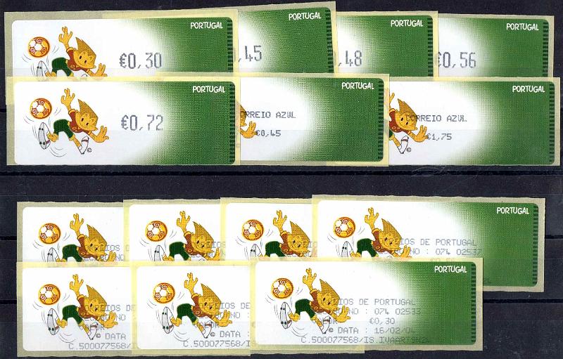 2900.jpg -     Lote:    2900      Lotes pelo Correio              Descrição:         2004 &mdash; UEFA "Euro 2004". Máquina CROUZET. CE ETQ28. Impressão a preto. Série completa para o correio ordinário e correio azul. Valores para o ano de 2004 + etiqueta de 0,45. Acompanha sete recibos.         ETQ       Valor Base:     &euro; 6,00     Valor Venda:     &euro;      
