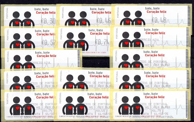 2902.jpg -     Lote:    2902      Lotes pelo Correio              Descrição:         2005 &mdash; Fundação Portuguesa de Cardiologia. Máquina CROUZET. CE ETQ 32. Série completa para o correio ordinário e correio azul, com impressão a preto. Acompanha respetivos recibos. Valor de catálogo &euro; 21.50.        ETQ       Valor Base:     &euro; 6,00     Valor Venda:     &euro;      