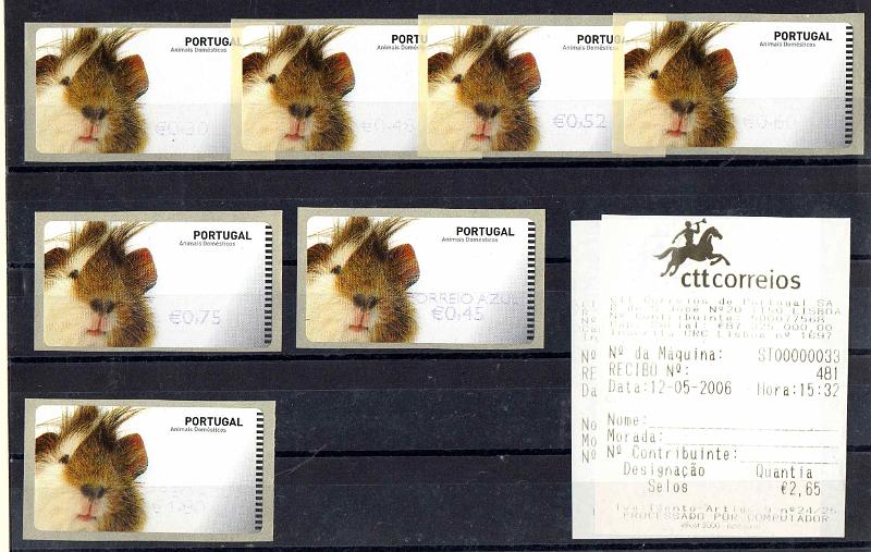 2910.jpg -     Lote:    2910      Lotes pelo Correio              Descrição:         2005 &mdash; Animais Domésticos. Amstel. Maquina E- Post. CE ETQ33B. Impressão a violeta. Série completa do correio ordinário e correio azul para o ano de 2006. Valor de catálogo &euro; 30,00.        ETQ       Valor Base:     &euro; 6,00     Valor Venda:     &euro;      
